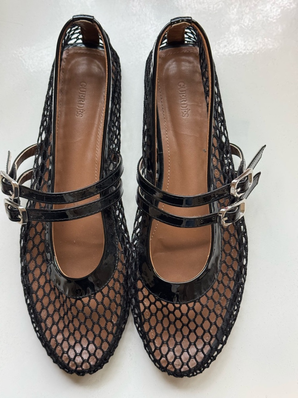 Guerdes Black Mesh Double-Strap Mary Jane Ballet Flats